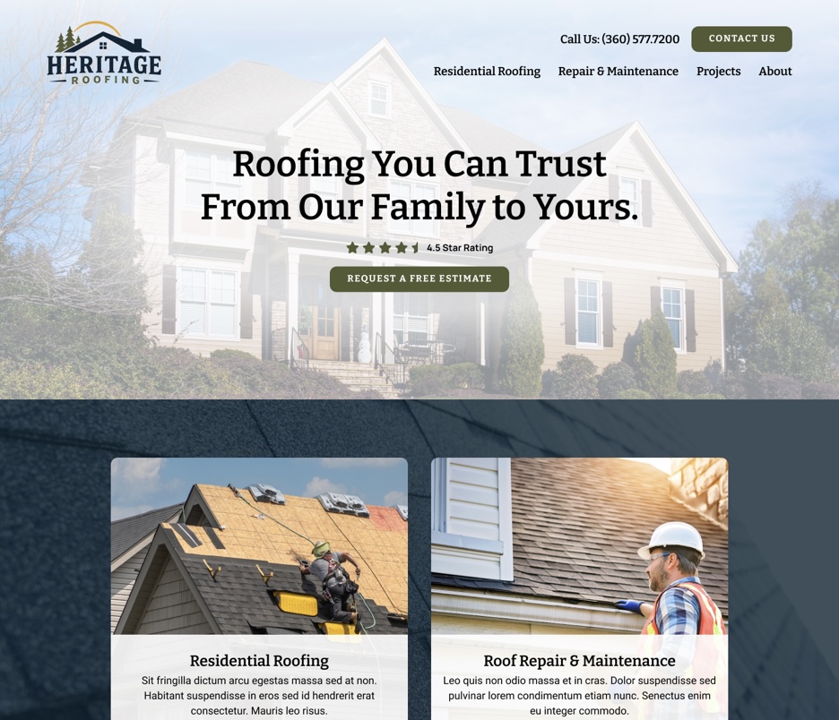 Heritage Roofing website screenshot